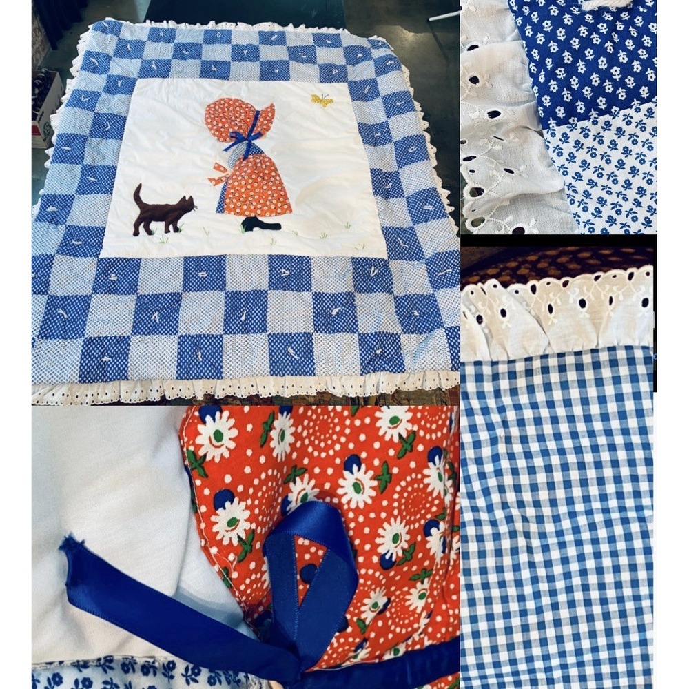 Vtg Handmade Blanket Coverlet Quilt Sunbonnet Sue Holly Hobbie 70s Gingham 56x68